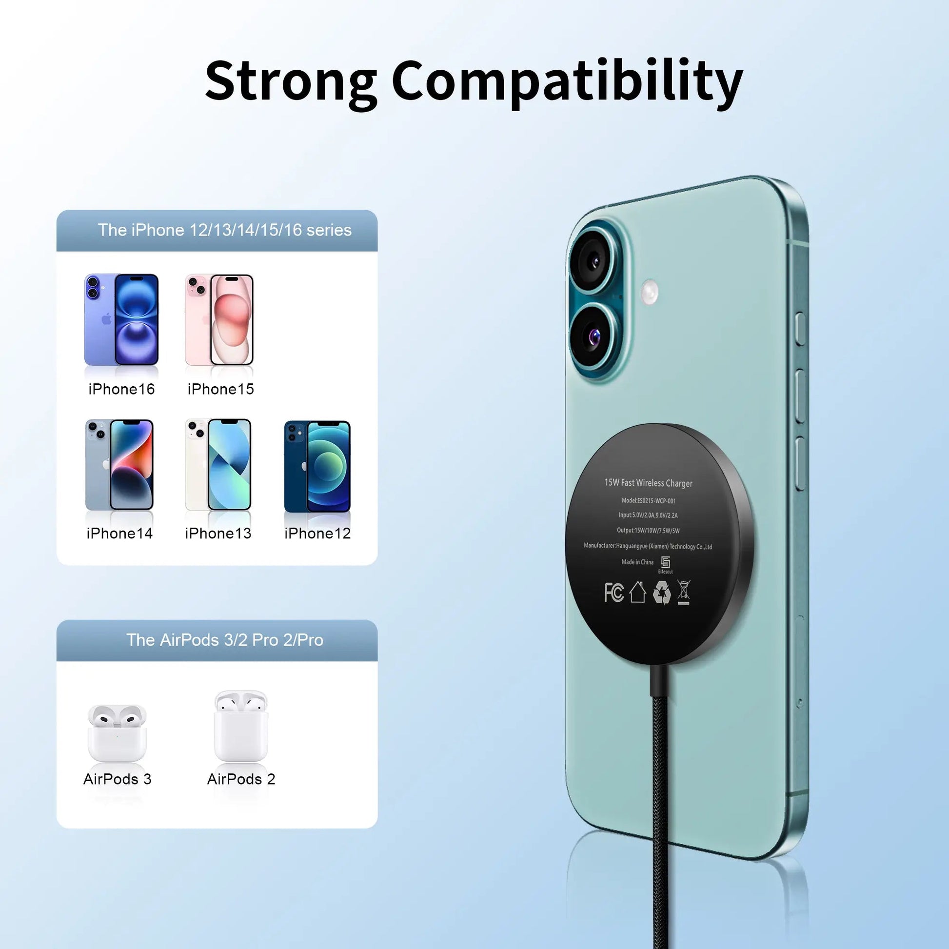 For Mag - Safe Charger, 15W Magnetic Wireless Charger for iPhone 17 Pro Max/17 Pro/17/17 Plus/16 Pro Max/16 Pro/16/16 Plus/15/14/13/12 Series AirPods 3/2/Pro/Pro 2 - ELFESOUL