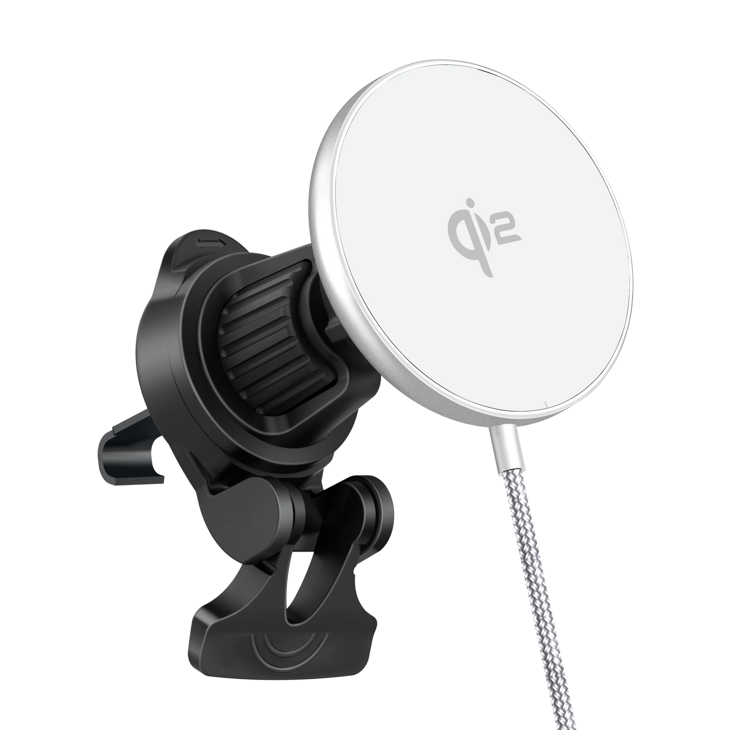 Color: Q206-01D White # ELFESOUL magnetic car charging pad angled upward showing Qi2 logo