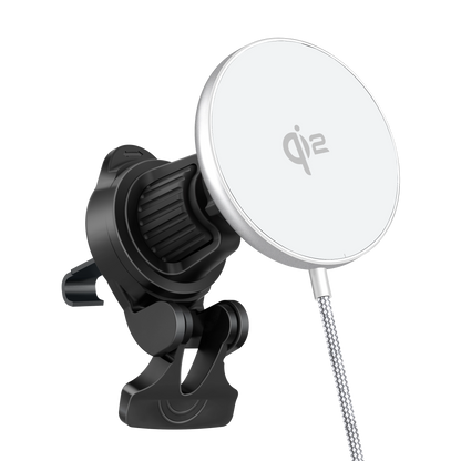 Color: Q206-01D White # ELFESOUL magnetic car charging pad angled upward showing Qi2 logo