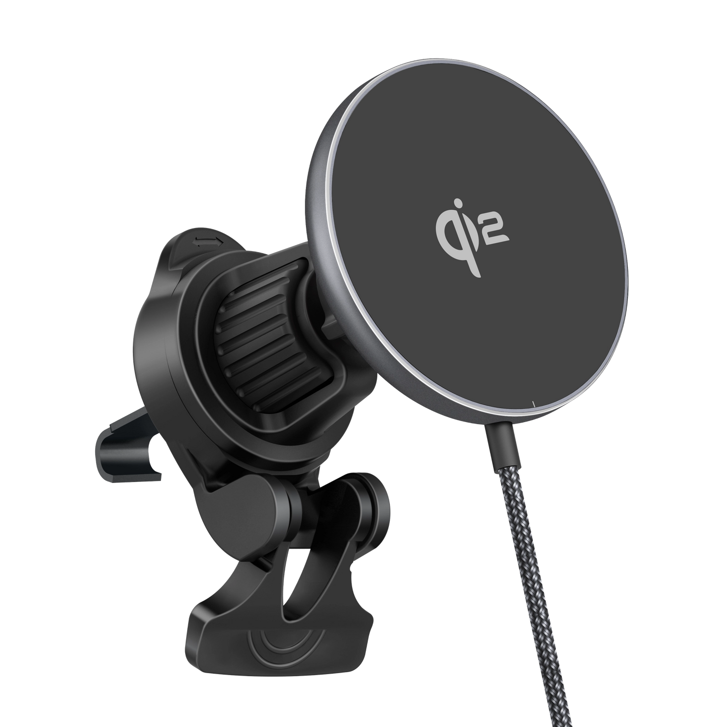 Color: Q206-01D1 Gray # ELFESOUL magnetic car charging pad angled upward showing Qi2 logo