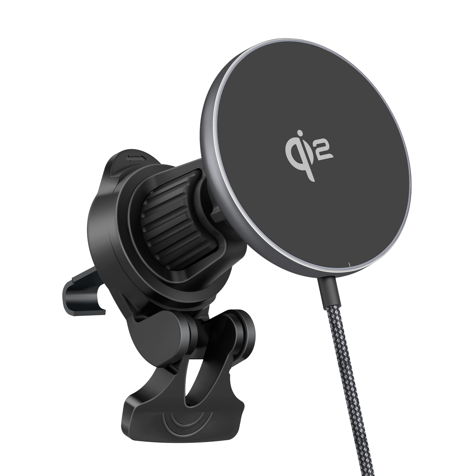 Color: Q206-01D1 Gray # ELFESOUL magnetic car charging pad angled upward showing Qi2 logo