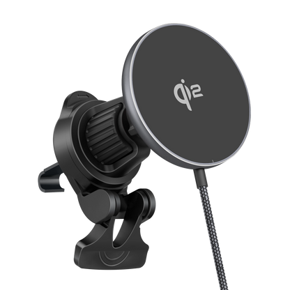 Color: Q206-01D1 Gray # ELFESOUL magnetic car charging pad angled upward showing Qi2 logo