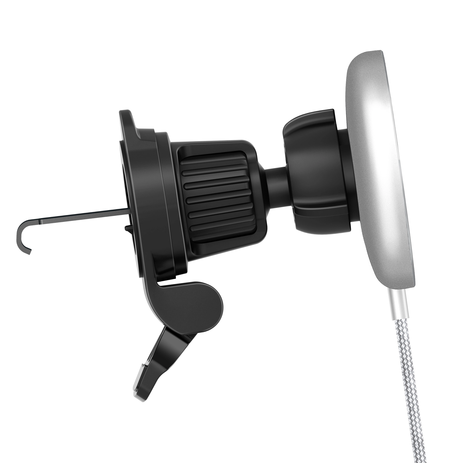 Color: Q206-01E White # Side view of magnetic car charger showing twist-lock vent clip hook