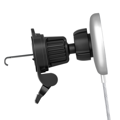 Color: Q206-01E White # Side view of magnetic car charger showing twist-lock vent clip hook