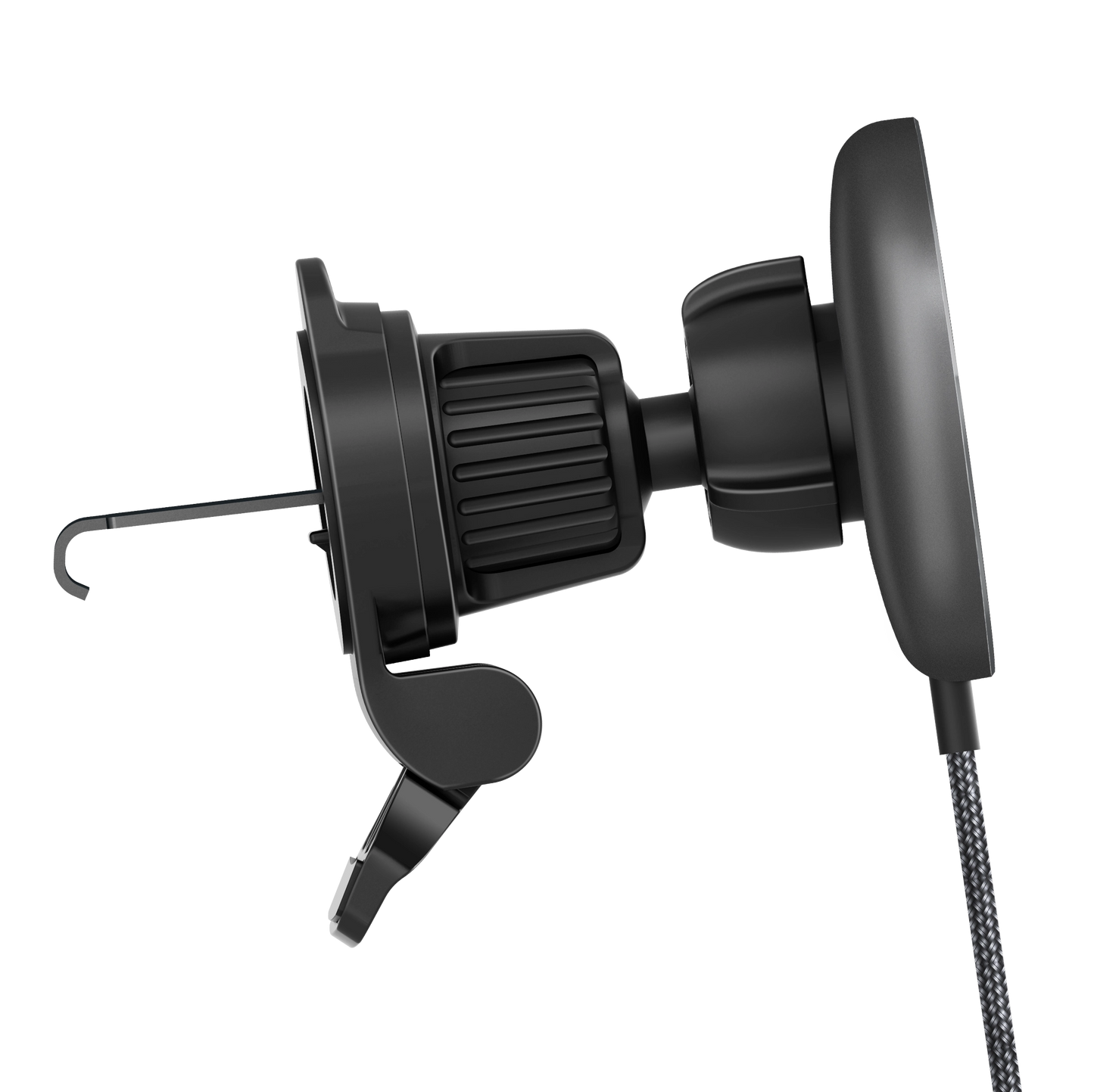 Color: Q206-01E1 Gray # Side view of magnetic car charger showing twist-lock vent clip hook