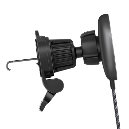 Color: Q206-01E1 Gray # Side view of magnetic car charger showing twist-lock vent clip hook