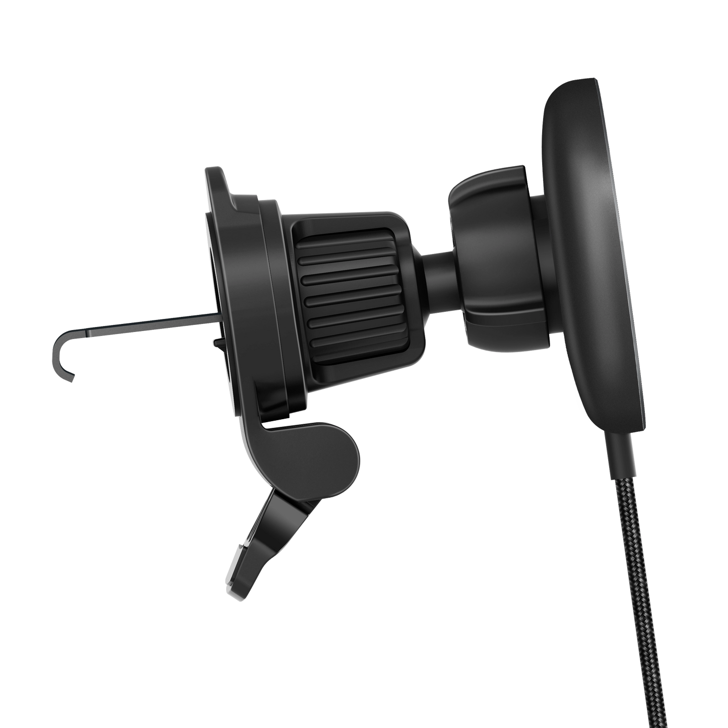 Color: Q206-01E2 Black # Side view of magnetic car charger showing twist-lock vent clip hook