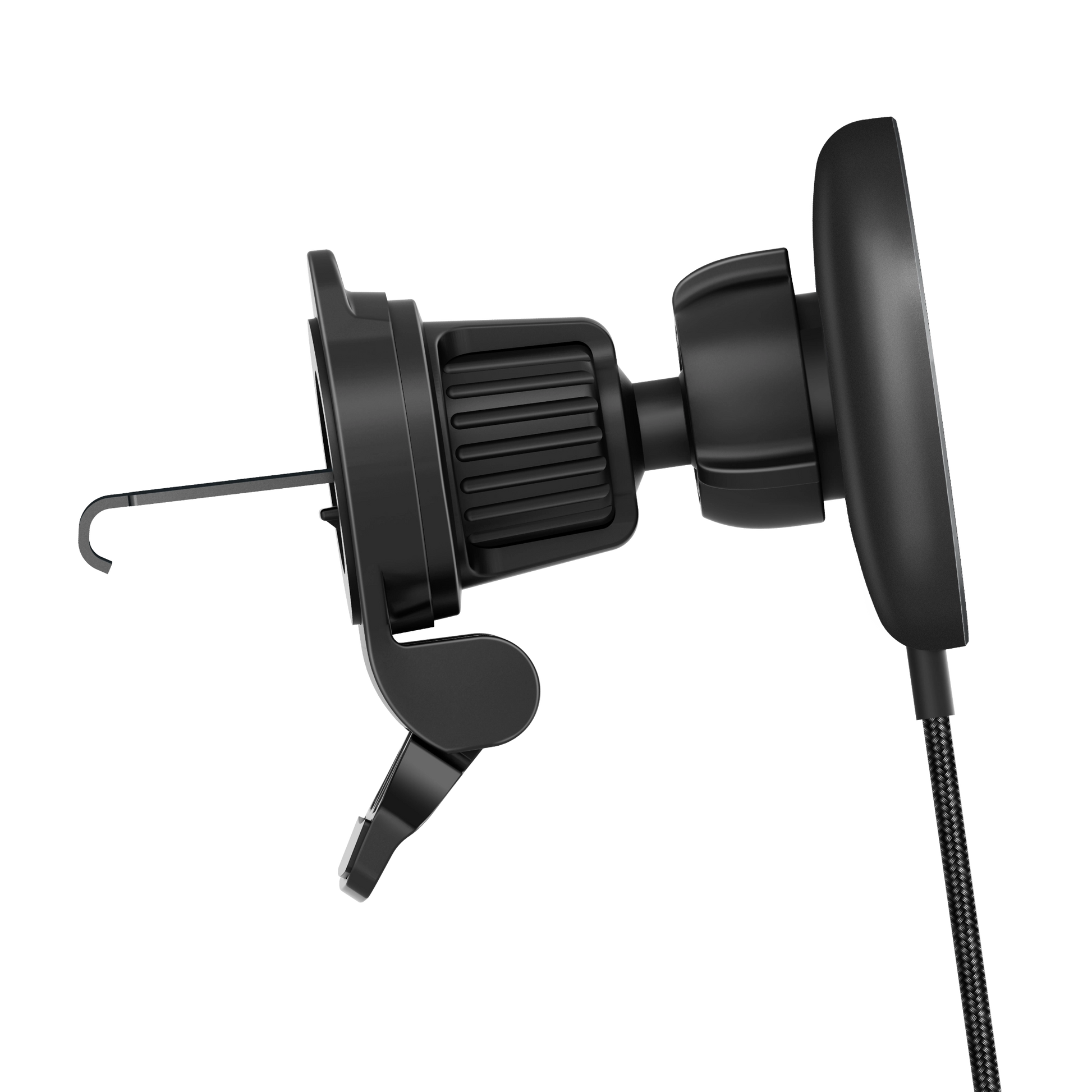 Color: Q206-01E2 Black # Side view of magnetic car charger showing twist-lock vent clip hook