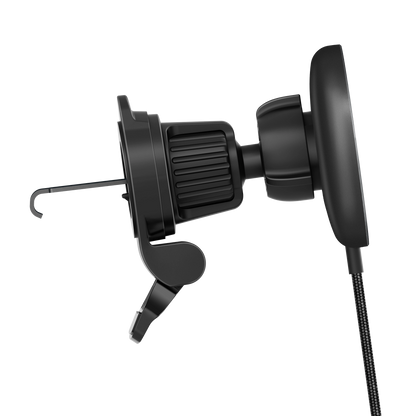 Color: Q206-01E2 Black # Side view of magnetic car charger showing twist-lock vent clip hook