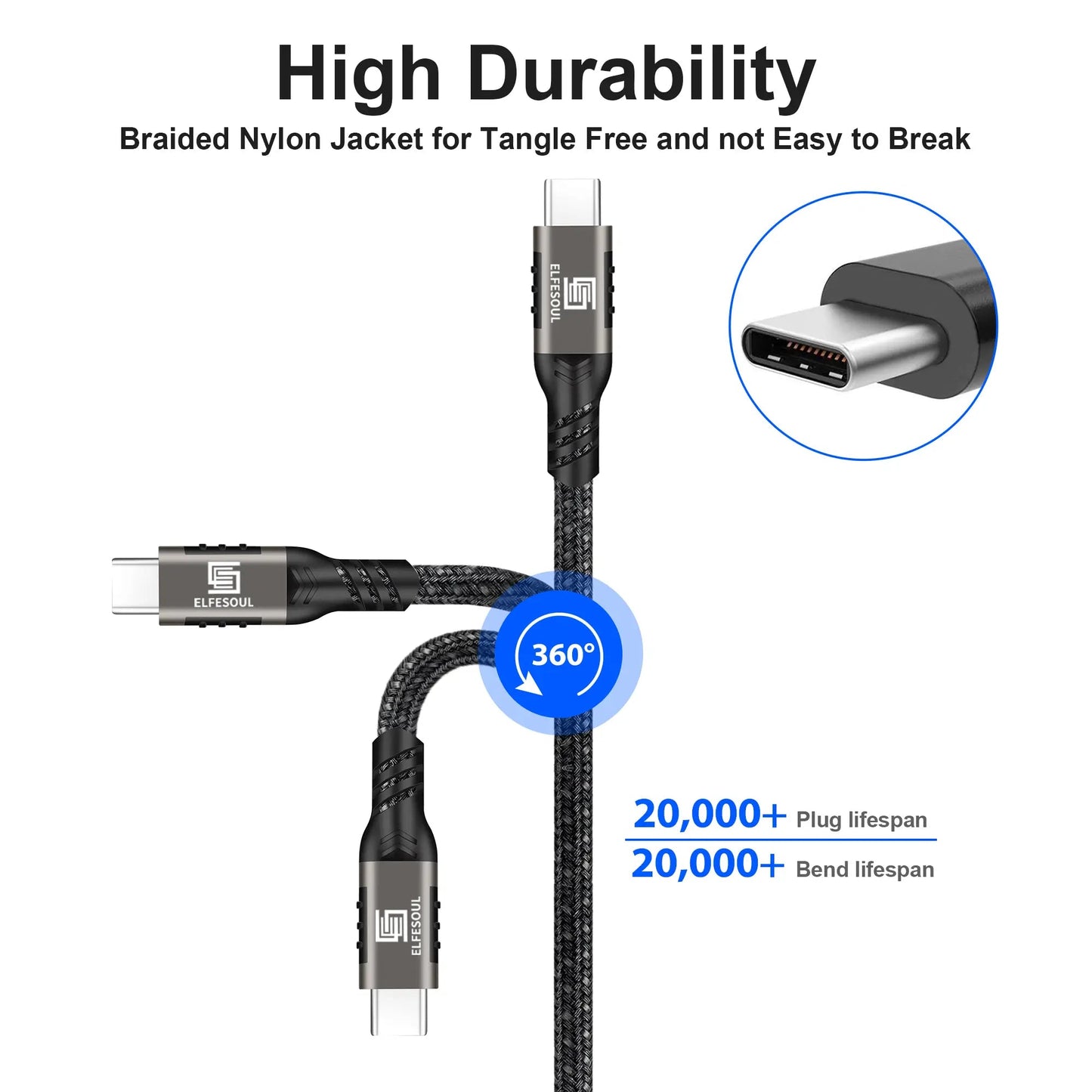 USB - A to USB - C, USB 3.2 Gen2, 20 Gbps Data Transfer, 60W USB C Cable Charging Cable - ELFESOUL