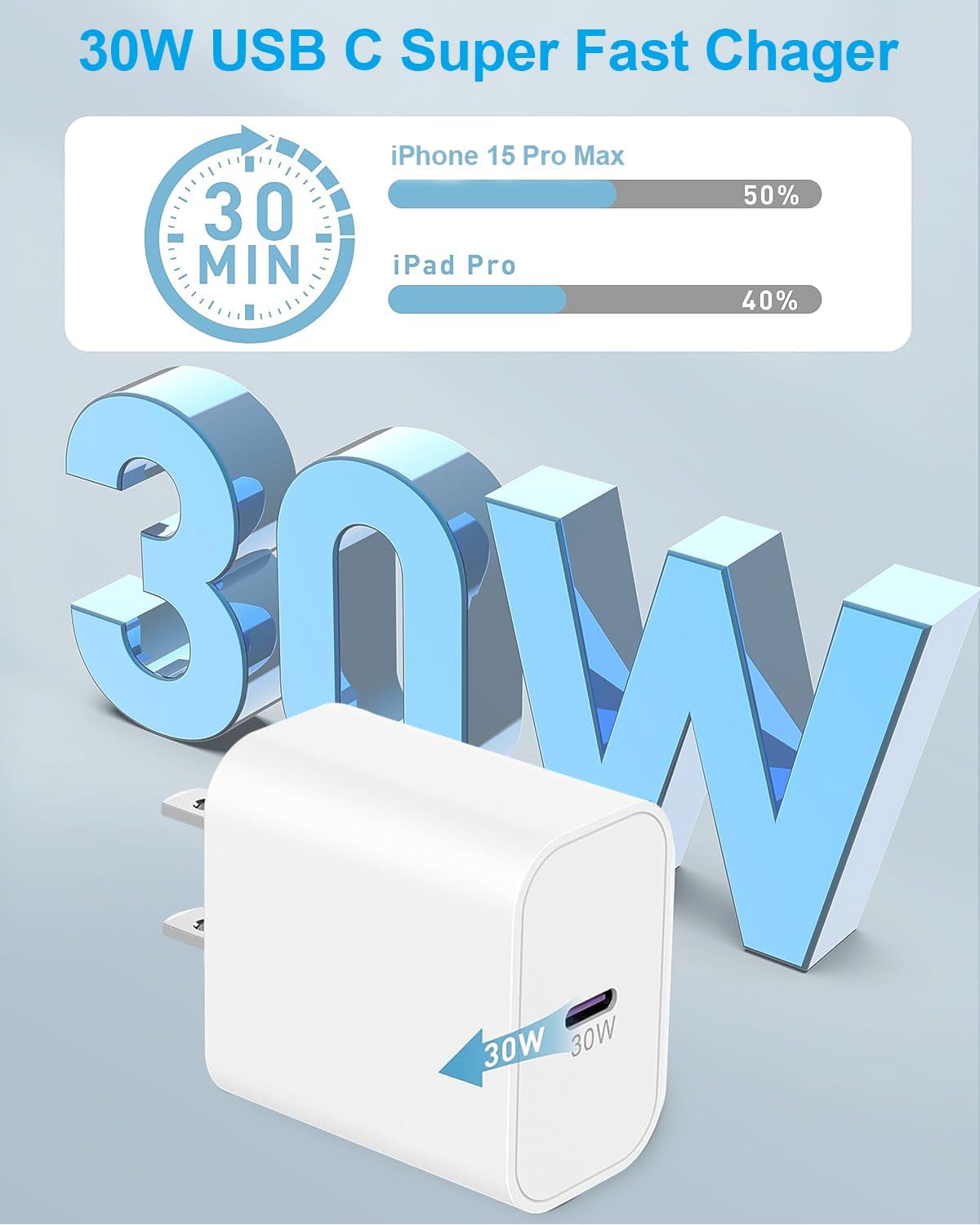 USB C Charger for iPhone 15/15 Plus/15 Pro/15 Pro Max/iPhone14/14 Plus/14 Pro/14 Pro Max/MacBook Air/iPad Pro/Samsung Galaxy S23, 30W Fast GaN PD 3.0 PPS Cargador Charger Block. - ELFESOUL