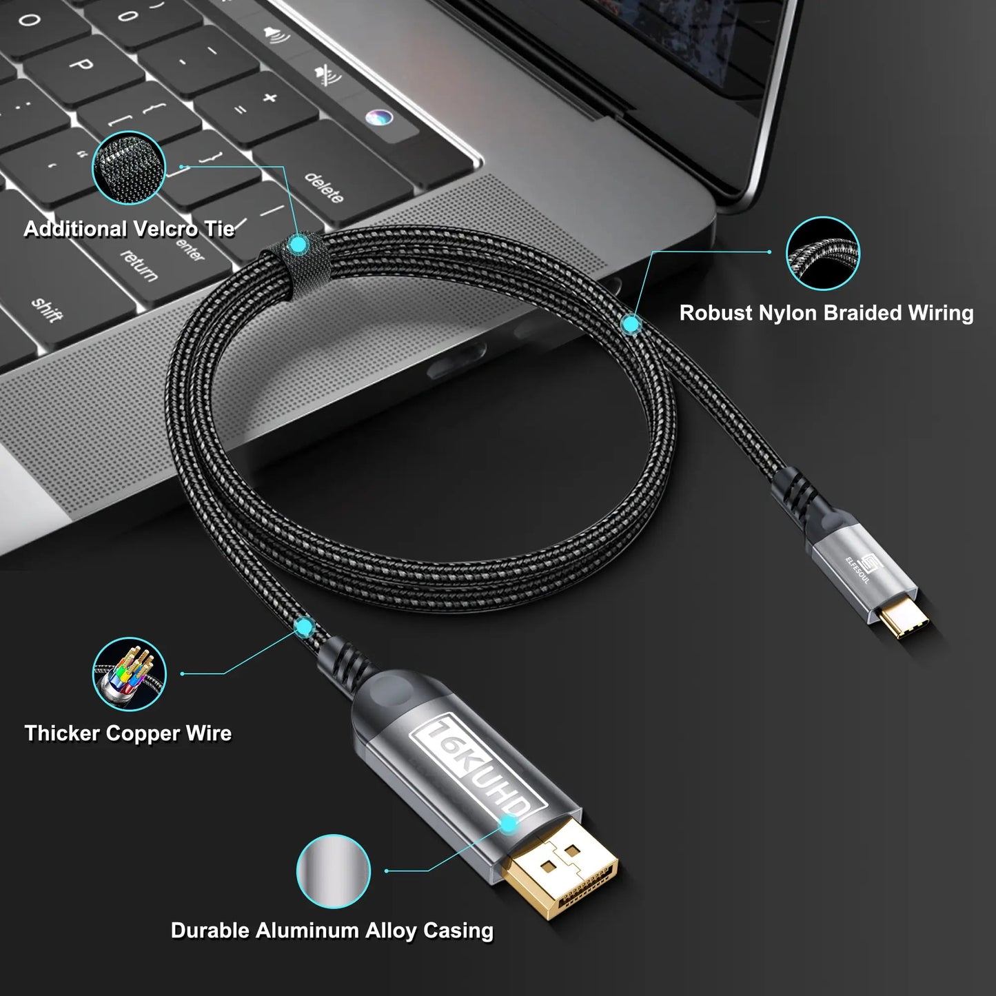 USB - C to DisplayPort Cable 6.6ft (16K@60Hz 8K@120Hz), 80Gbps USB C to DP 2.1 Cord Thunderbolt 3/4/5 Compatible with MacBook Pro/Air, for iPhone 17 Pro Max, for iPad Pro, for iMac, for XPS. - ELFESOUL