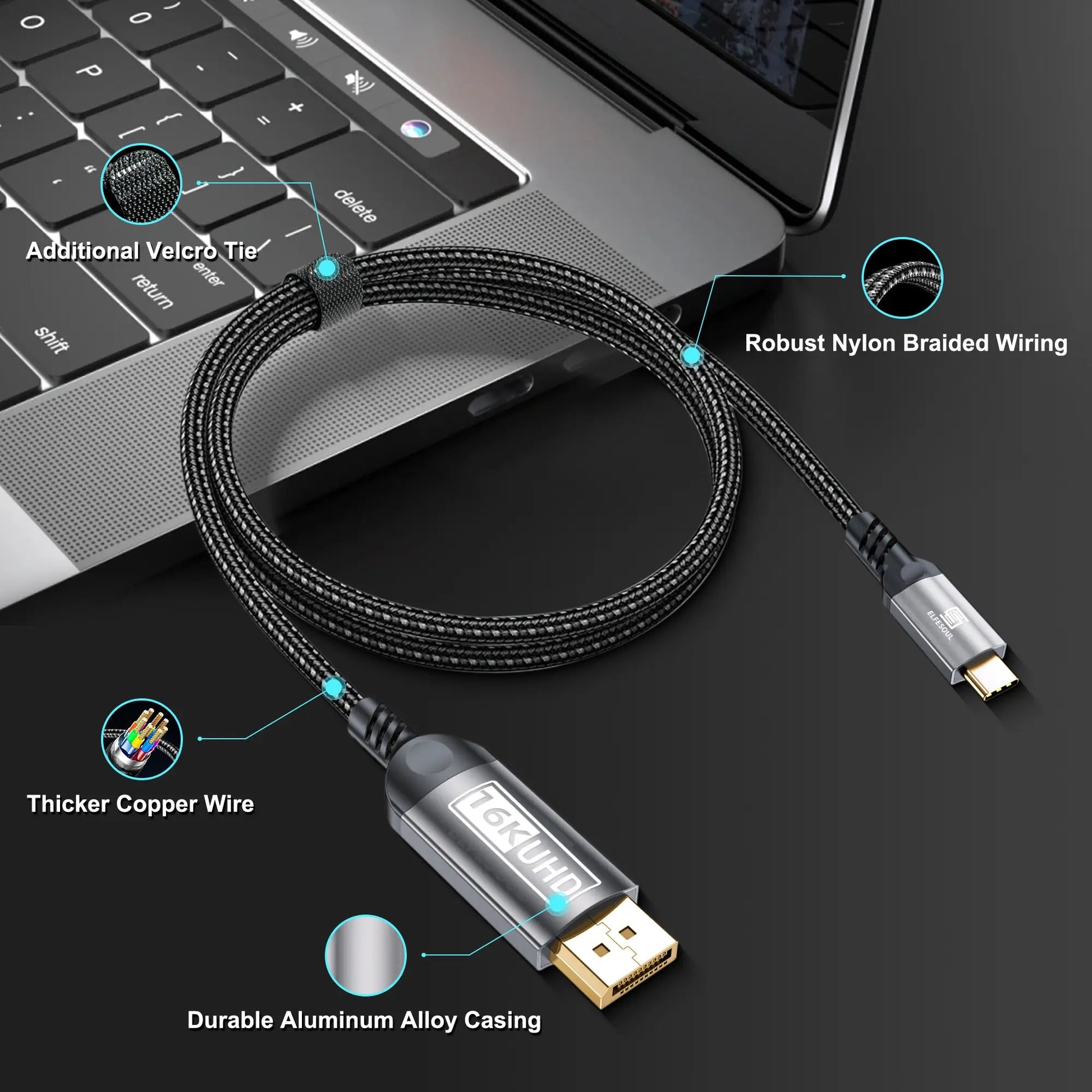 USB - C to DisplayPort Cable 6.6ft (16K@60Hz 8K@120Hz), 80Gbps USB C to DP 2.1 Cord Thunderbolt 3/4/5 Compatible with MacBook Pro/Air, for iPhone 17 Pro Max, for iPad Pro, for iMac, for XPS. - ELFESOUL