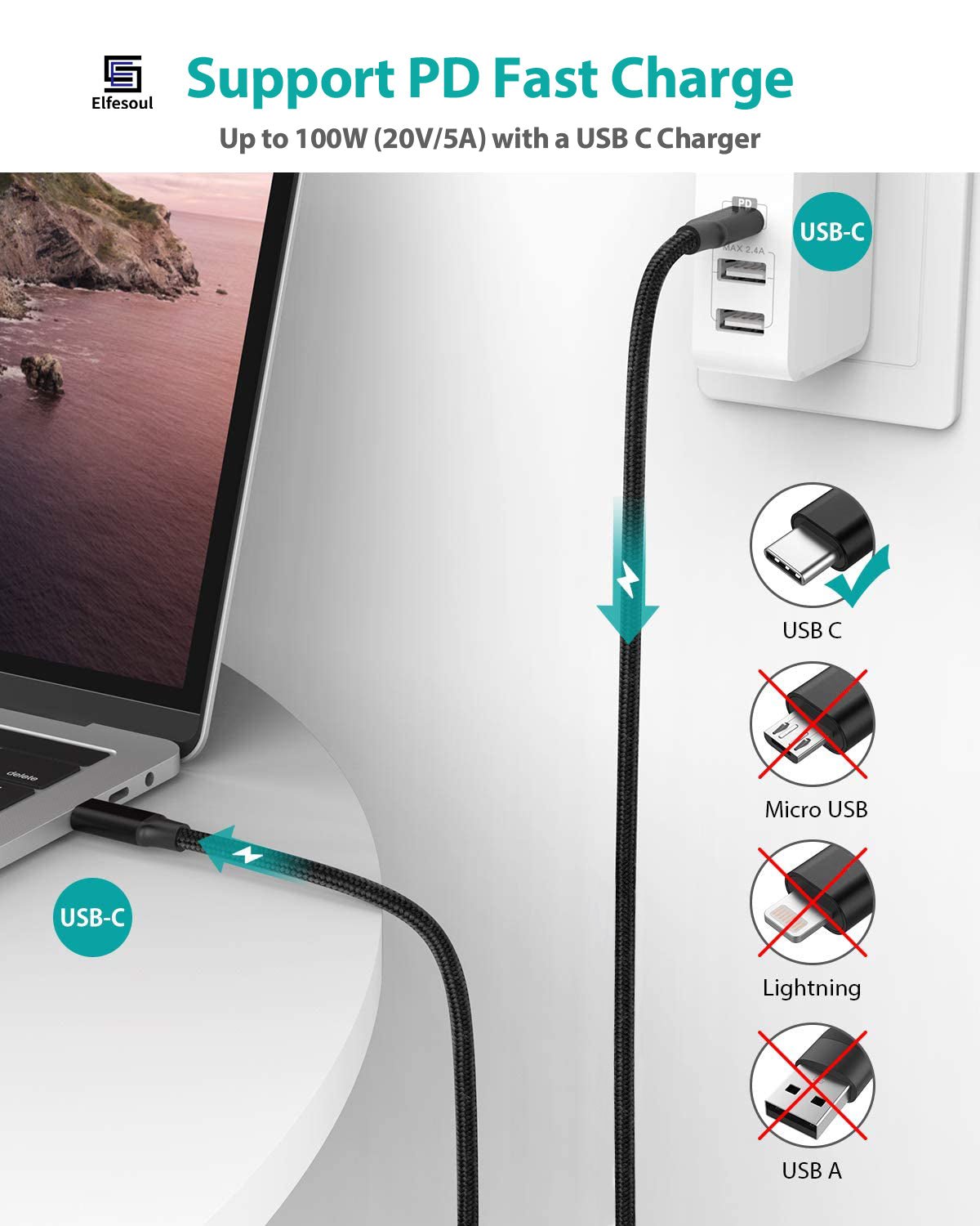 USB - C to USB - C Cable, 100W 4K UHD 20Gbps USB - C Cable for MacBook Pro, iPad Pro, Nylon Braided, Black. - ELFESOUL