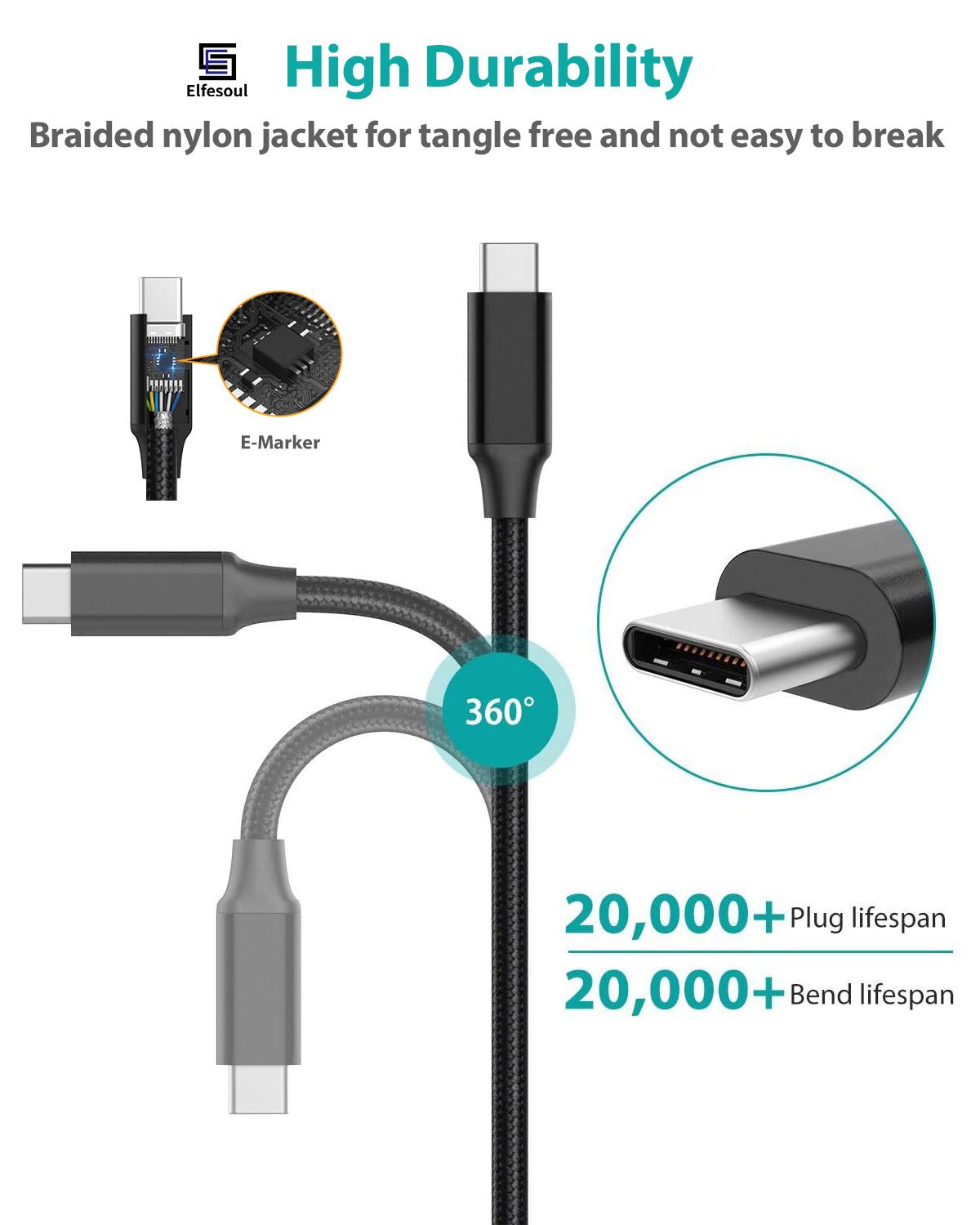 USB - C to USB - C Cable, 100W 4K UHD 20Gbps USB - C Cable for MacBook Pro, iPad Pro, Nylon Braided, Black. - ELFESOUL