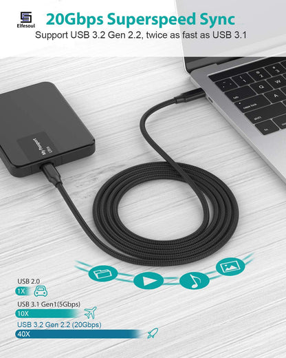 USB - C to USB - C Cable, 100W 4K UHD 20Gbps USB - C Cable for MacBook Pro, iPad Pro, Nylon Braided, Black. - ELFESOUL