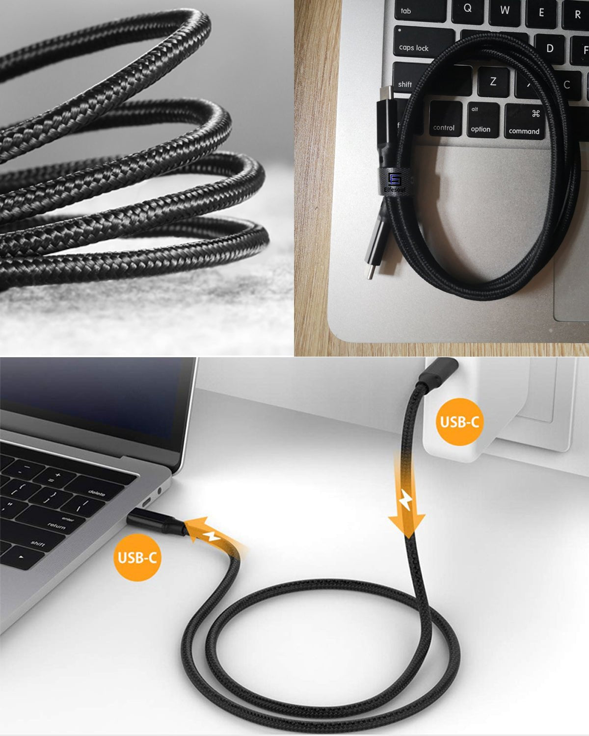 USB - C to USB - C Cable, 100W 4K UHD 20Gbps USB - C Cable for MacBook Pro, iPad Pro, Nylon Braided, Black. - ELFESOUL