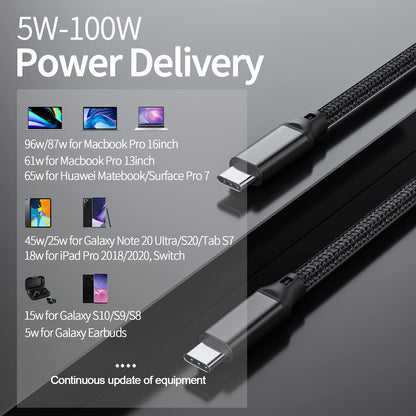 USB - C to USB - C Cable, 100W 4K UHD 20Gbps USB - C Cable for MacBook Pro, iPad Pro, Nylon Braided, Black. - ELFESOUL