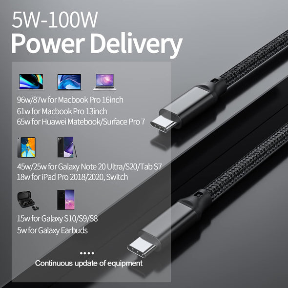 USB - C to USB - C Cable, 100W 4K UHD 20Gbps USB - C Cable for MacBook Pro, iPad Pro, Nylon Braided, Black. - ELFESOUL