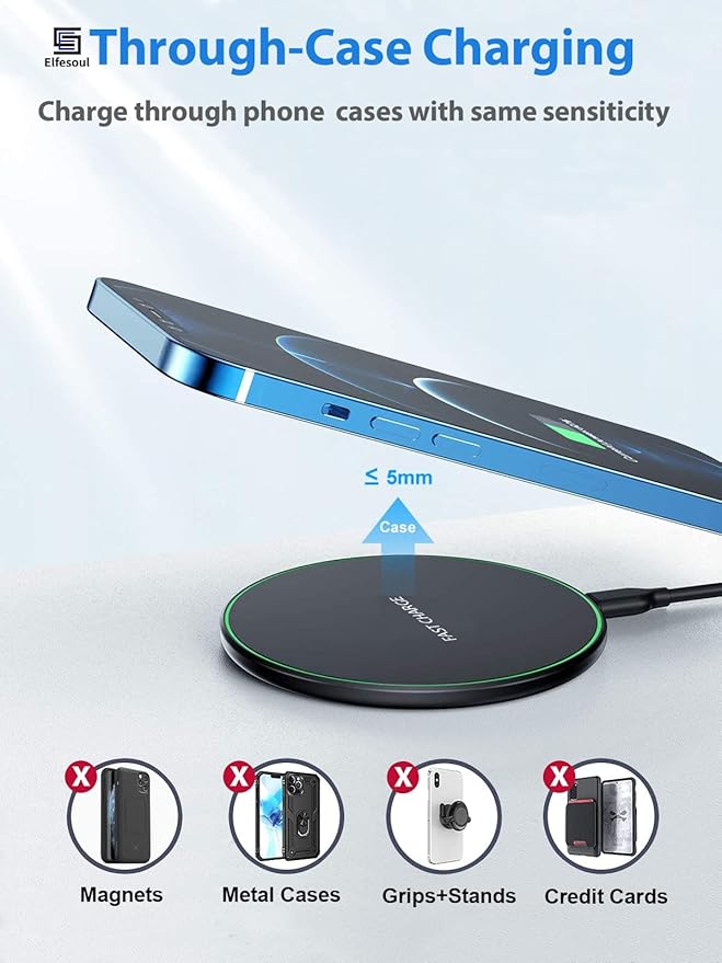Wireless Charger for Samsung Galaxy S24/S24+/S24 Ultra/S23/S23+/S22/S22+/S21/S21+/S20/S20+/S10/S10+/S9/S8/S7/Note 20/Note 10, Wireless Charging Pad with 6.6ft 3.2 USB C - Cable, Black.(No AC Adapter) - ELFESOUL